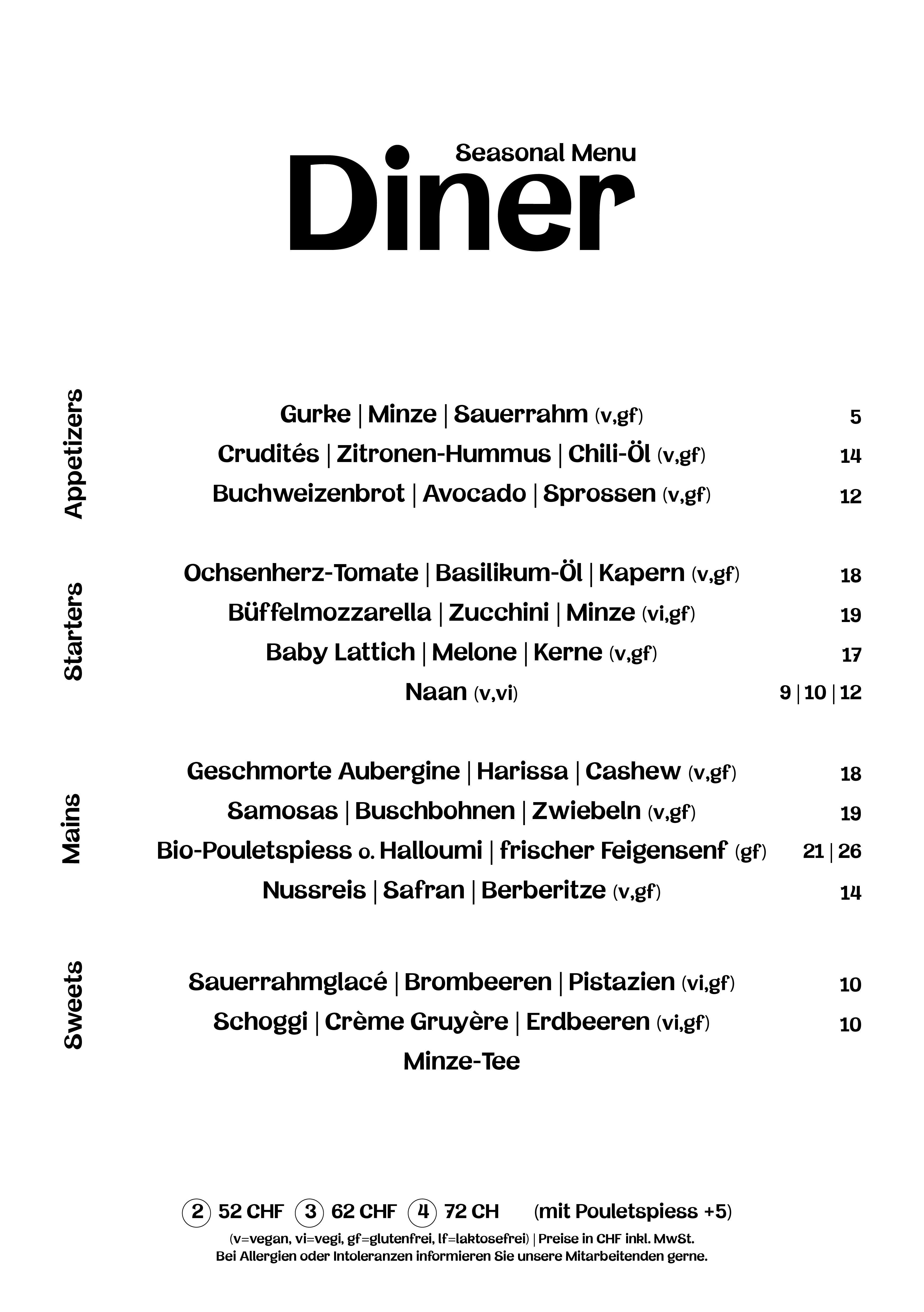 Daizy Menuekarte Diner August 2026