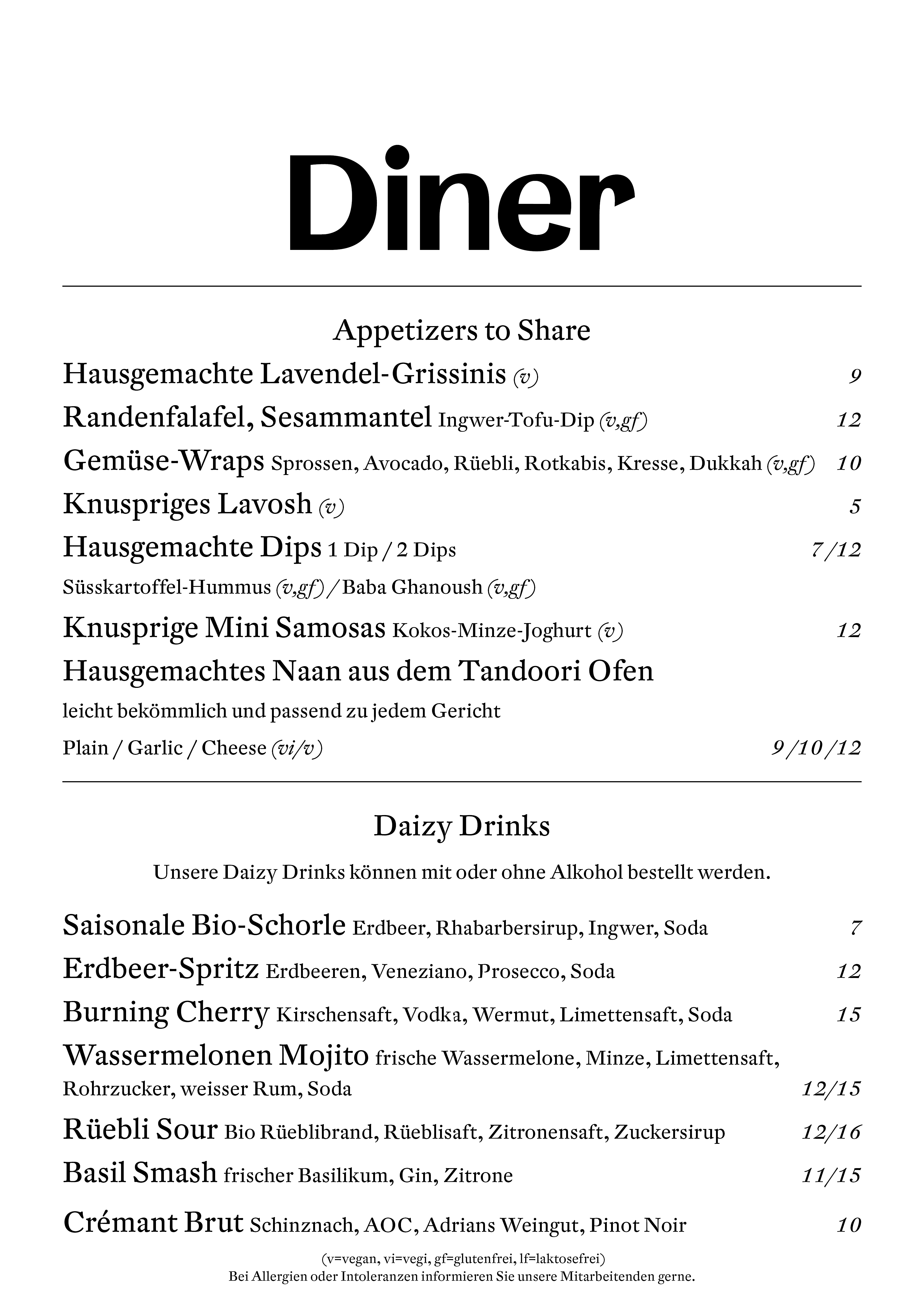 Daizy Menuekarte Diner Mai 2025